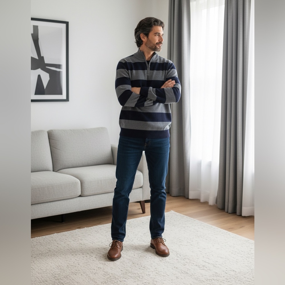 Men's Zip Up Striped Sweater - Gray and Black item 239